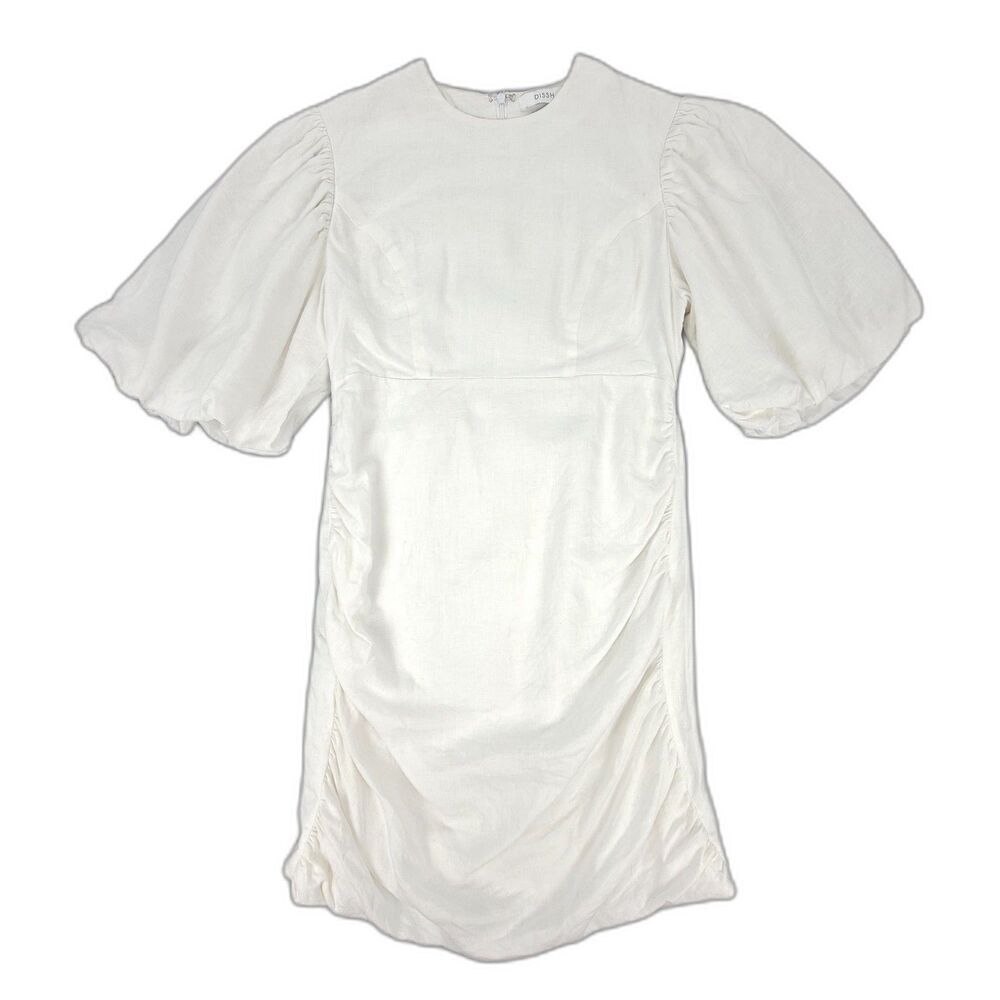 DISSH 100% Linen Bullock Cottagecore Puff Sleeve Ruched Mini Dress White US 4